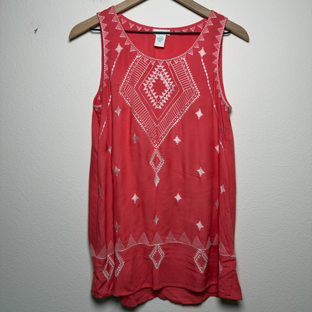 Sundance Women Tank Top Small Coral Pink Embroidered Geometric Sleeveless Boho